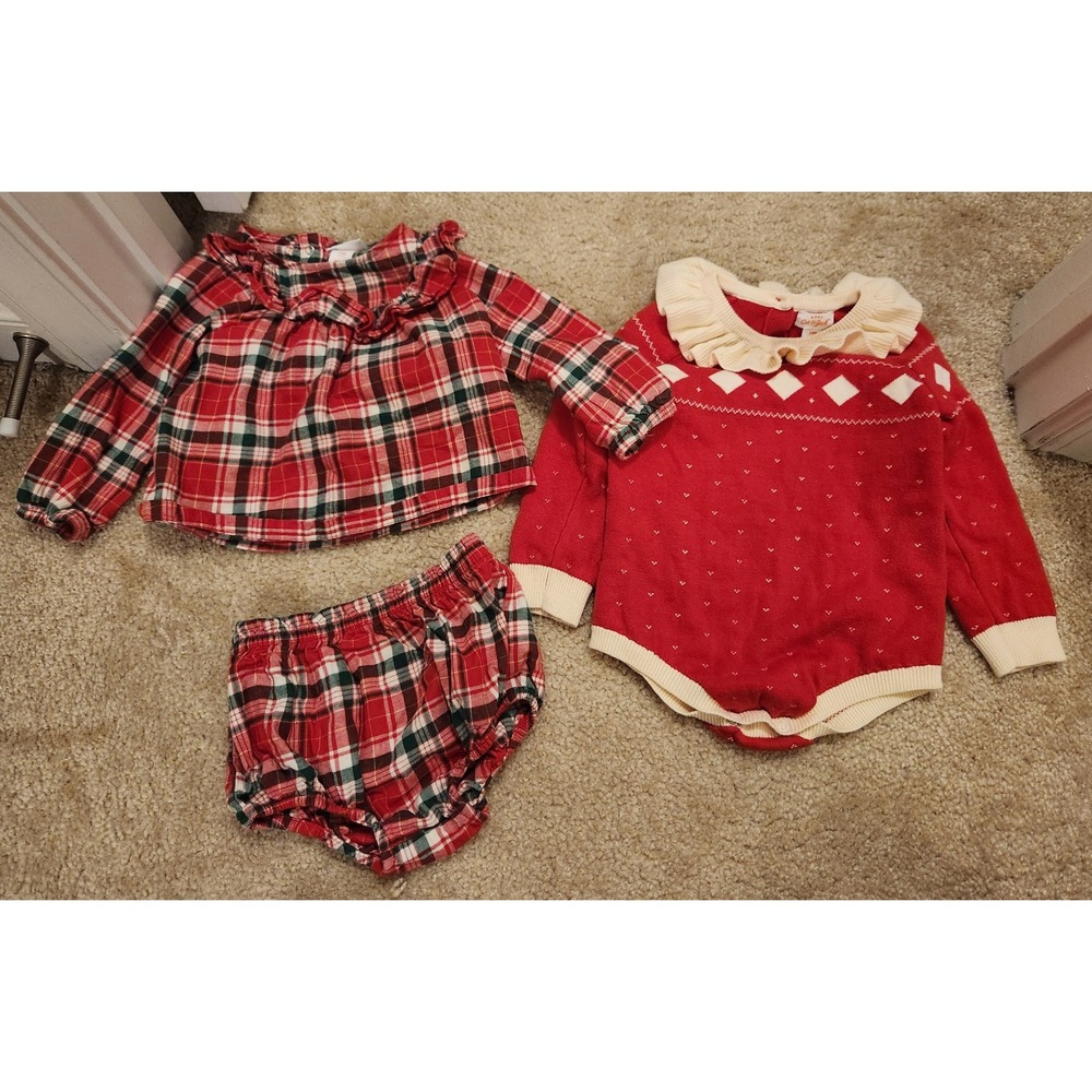 Cat & Jack Baby Girl Holiday Red Plaid Set and Sweater Romper Bundle 12M